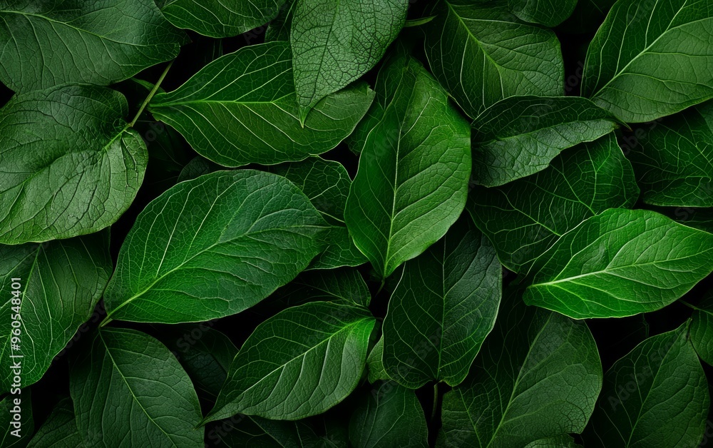 Lush dark green leaves with detailed veining, creating a rich and textured background, ideal for environmental and organic concepts Lush dark green leaves with detailed veining, creating a rich and textured background, ideal for environmental and organic concepts