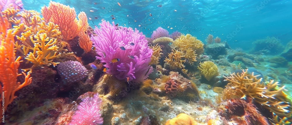 Naklejka premium Diverse Marine Life in Colorful Coral Reef Ecosystem