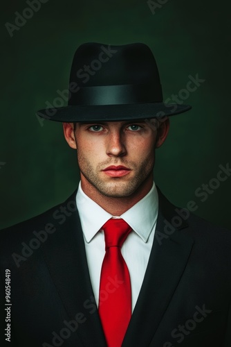 Man in a sharp suit and red tie, wearing a black fedora, capturing a sophisticated 1940s-inspired look with a moody atmosphere