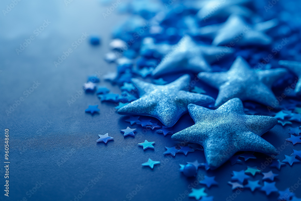 Shimmering blue star-shaped decorations are artfully scattered across a dark background, creating a vibrant and festive atmosphere perfect for celebrations and crafts Shimmering blue star-shaped decorations are artfully scattered across a dark background, creating a vibrant and festive atmosphere perfect for celebrations and crafts