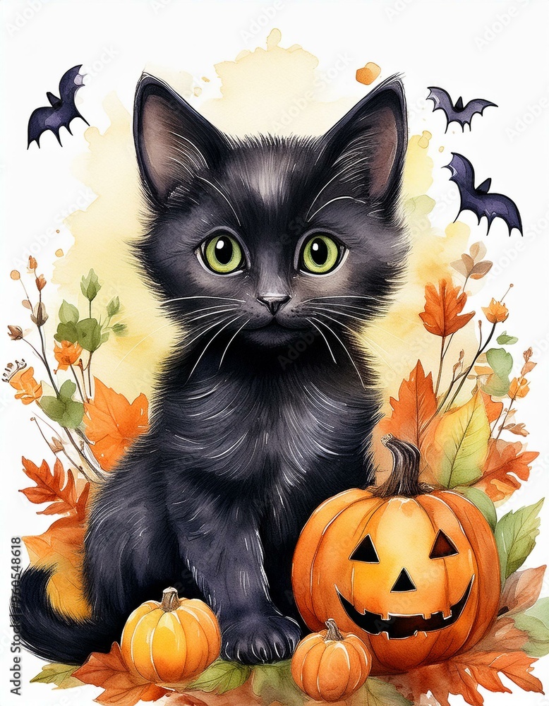Set of cute black kitten cat with Halloween's Day elements. Isolated on white background. Can be used for Halloween's day, greeting cards and invitations. Hand drawn watercolor Set of cute black kitten cat with Halloween's Day elements. Isolated on white background. Can be used for Halloween's day, greeting cards and invitations. Hand drawn watercolor