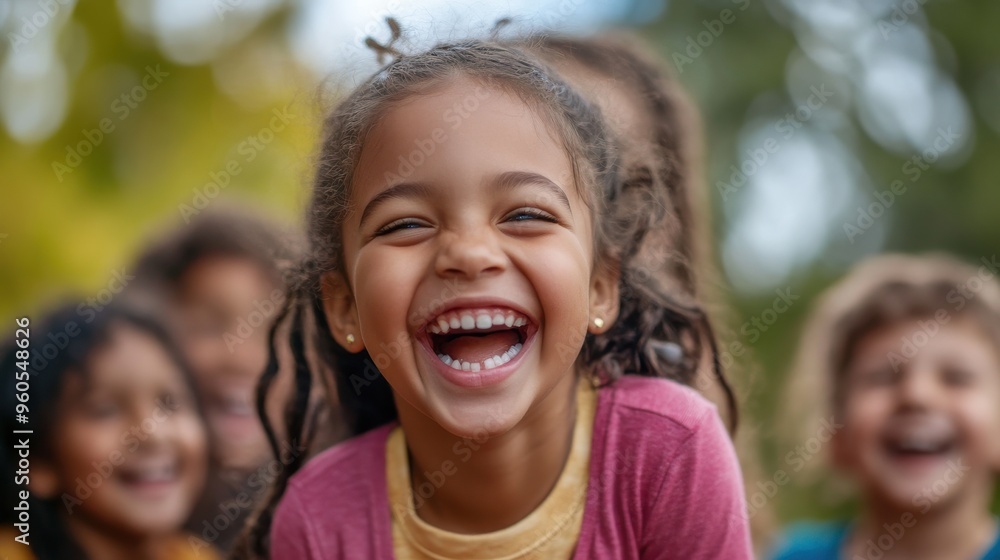 A close up of a young girl laughing heartily during an outdoor group activity. A close up of a young girl laughing heartily during an outdoor group activity.