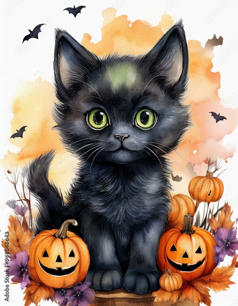 Set of cute black kitten cat with Halloween's Day elements. Isolated on white background. Can be used for Halloween's day, greeting cards and invitations. Hand drawn watercolor Set of cute black kitten cat with Halloween's Day elements. Isolated on white background. Can be used for Halloween's day, greeting cards and invitations. Hand drawn watercolor