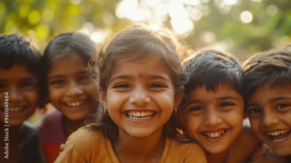 A group of young Indian children smiling and posing happily outdoors. A group of young Indian children smiling and posing happily outdoors.