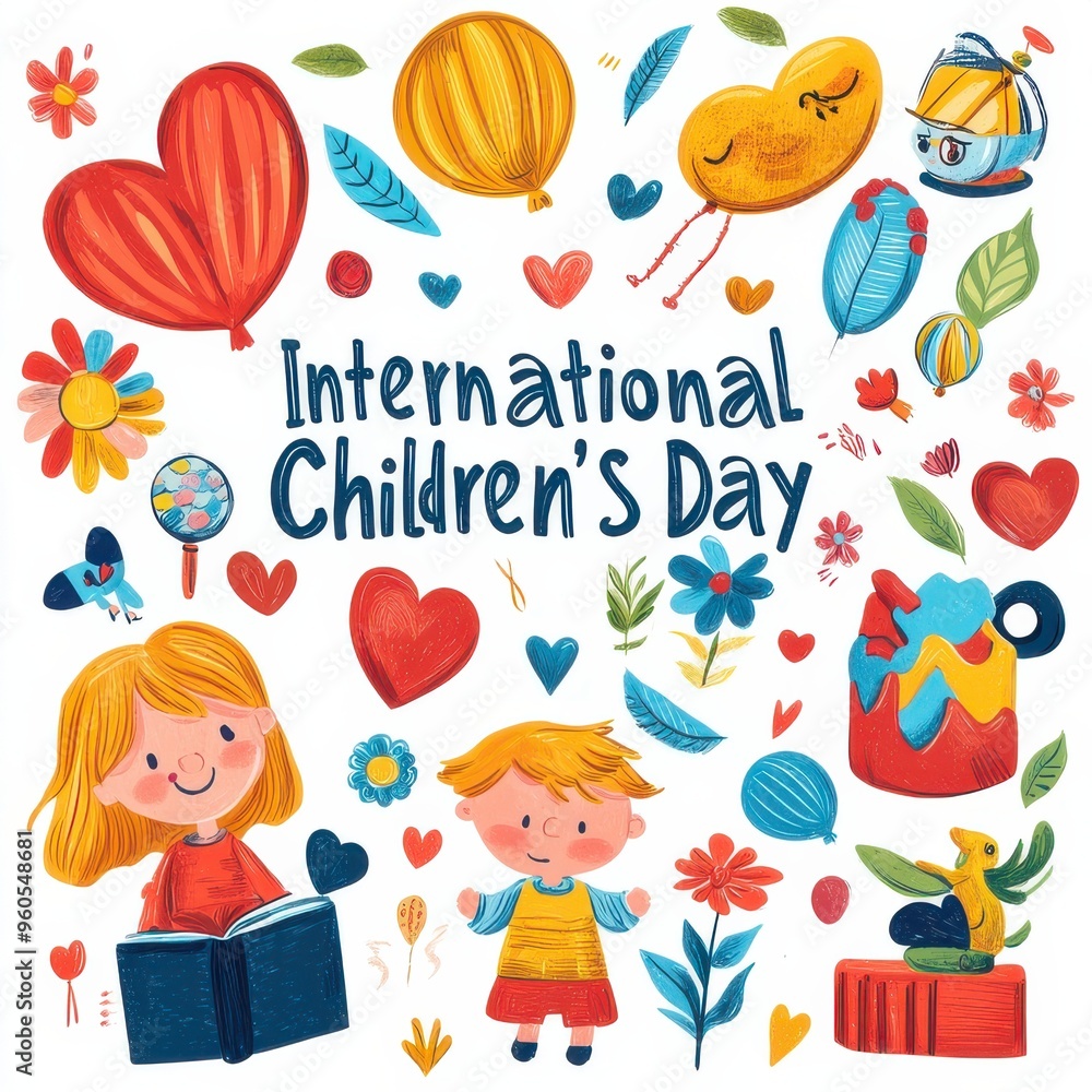 A cheerful illustration for International Children’s Day featuring playful drawings of children, balloons, hearts, and flowers. A cheerful illustration for International Children’s Day featuring playful drawings of children, balloons, hearts, and flowers.