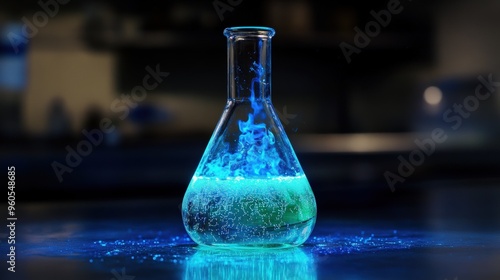 A remarkable chemiluminescent reaction occurs in a laboratory flask, emitting brilliant blue light as the chemicals mix and release bubbles, captivating all who observe