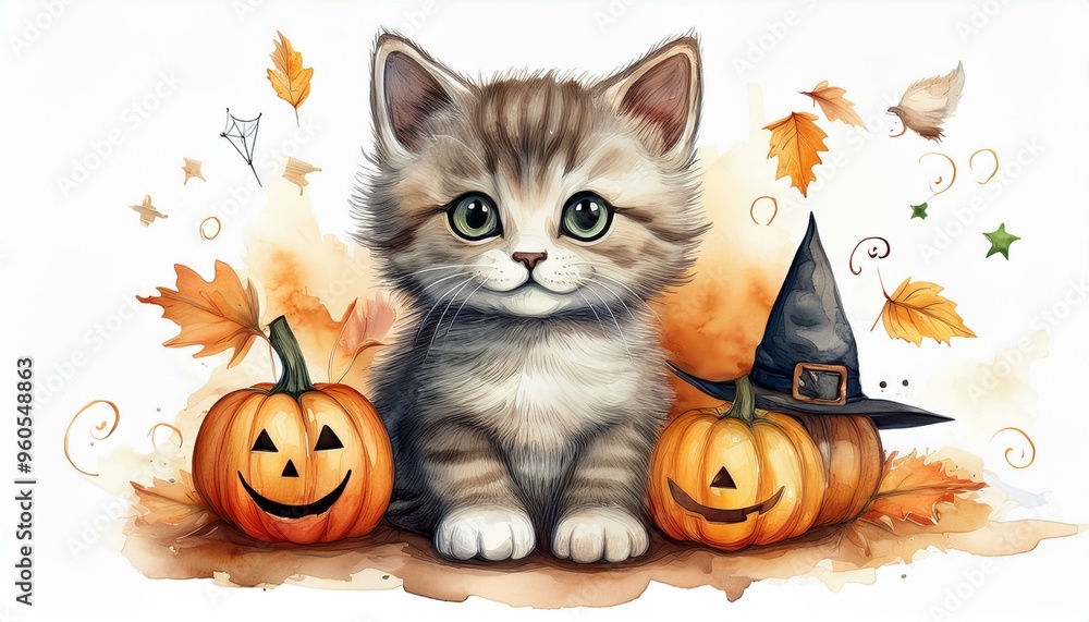 Set of cute black kitten cat with Halloween's Day elements. Isolated on white background. Can be used for Halloween's day, greeting cards and invitations. Hand drawn watercolor Set of cute black kitten cat with Halloween's Day elements. Isolated on white background. Can be used for Halloween's day, greeting cards and invitations. Hand drawn watercolor