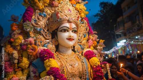 Navaratri festival, a huge idol of Goddess Durga adorned with colorful flowers and golden clothes, crowds of devotees carrying offerings while lighting oil lamps around it, Ai generated images photo