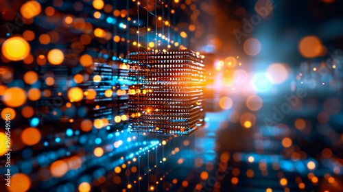 An abstract display of glowing particles illustrates digital data transmission in a vibrant, colorful setting. The interplay of light creates a dynamic visual experience