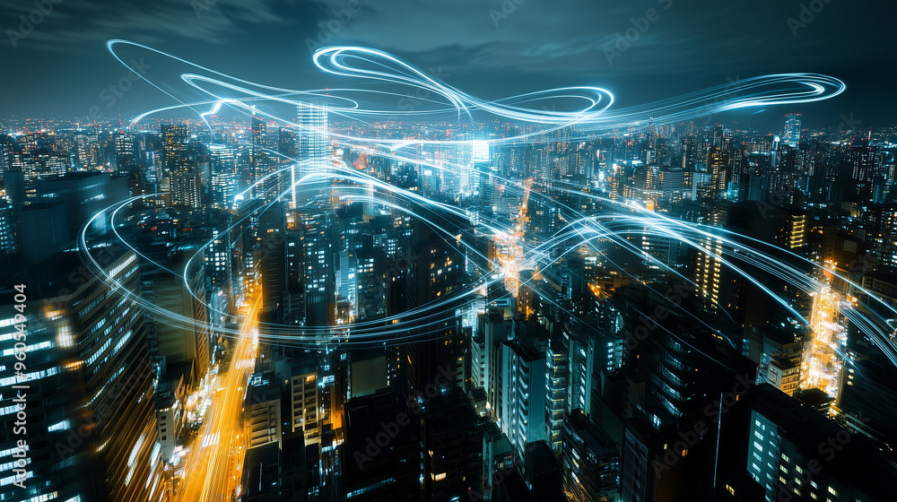Dynamic light trails weaving through a bustling cityscape at night, creating a futuristic and energetic visual of a glowing urban environment Dynamic light trails weaving through a bustling cityscape at night, creating a futuristic and energetic visual of a glowing urban environment