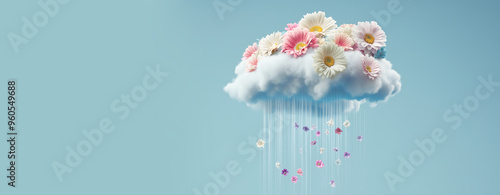 Colorful flowers raining from a cloud, puring positive thoughts, emotion and attitude, hope and self care concept #960549688