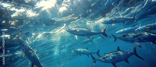 Majestic Barracuda Swimming Among Colorful School of Fish in Oceanic Waters