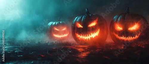 Glowing Alien Pumpkins Illuminating an Ominous Fog Shrouded Halloween Night Landscape  Surreal Supernatural Atmosphere with Copy Space for Text photo