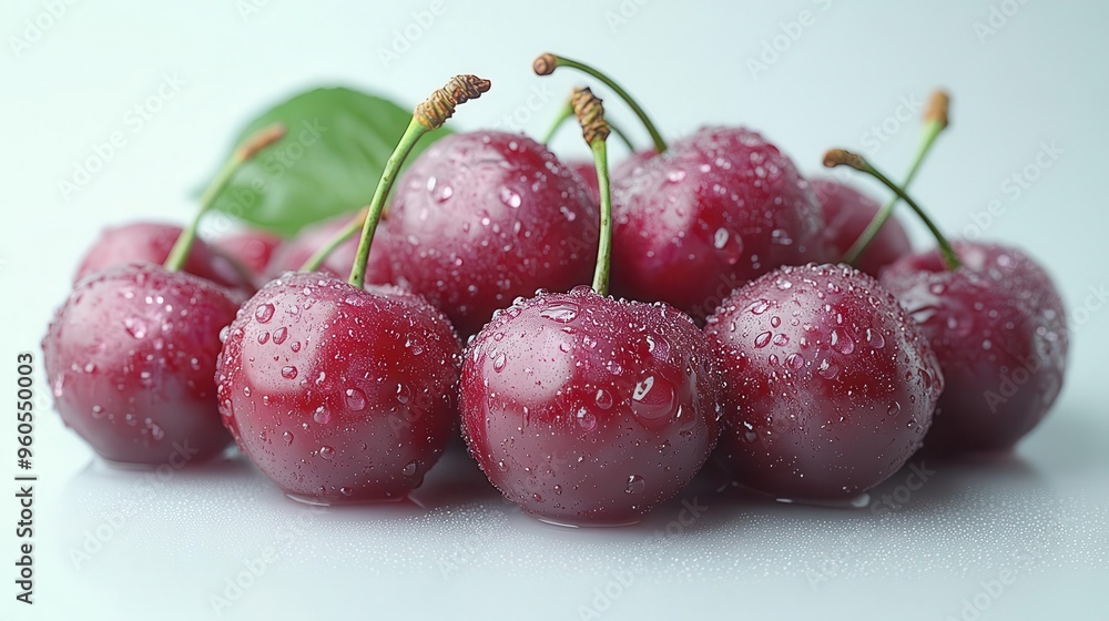 vibrant cherry still life cluster of glossy red cherries with water droplets on stark white background hyperrealistic detail showcases fruits texture and juicy appeal vibrant cherry still life cluster of glossy red cherries with water droplets on stark white background hyperrealistic detail showcases fruits texture and juicy appeal