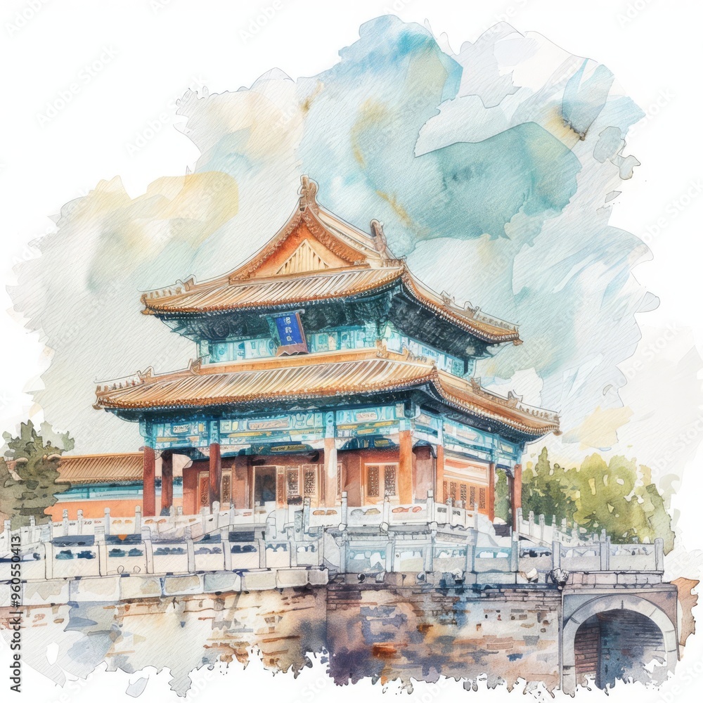 Obraz premium Beautiful watercolor painting of a traditional Asian pagoda with a serene bridge and vibrant sky in the background.