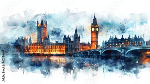 Artistic watercolor painting of London's iconic Big Ben and Westminster Palace reflecting in the Thames River at twilight.