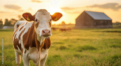 Uma vaca curiosa com manchas marrons e brancas está em um campo iluminado pelo sol, olhando para a frente com um celeiro ao fundo, capturando a essência de um cenário rural tranquilo ao pôr do sol photo