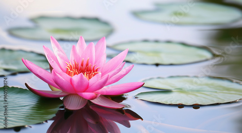 Um lindo nenúfar rosa é visto florescendo graciosamente em águas calmas, cercado por nenúfares, criando um cenário tranquilo e pacífico que exala beleza natural e serenidade. photo