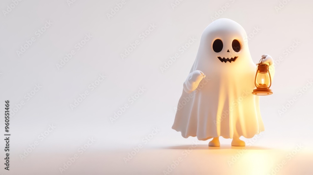 Halloween ghost holding lantern, eerie atmosphere, 3D illustration, all white background Halloween ghost holding lantern, eerie atmosphere, 3D illustration, all white background