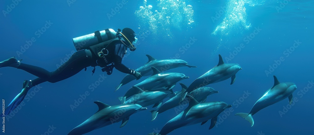 Fototapeta premium Majestic Diver Swimming Among Playful Pod of Dolphins in Crystal Clear Waters