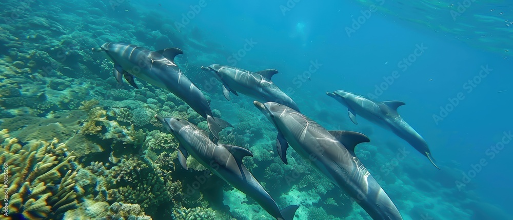 Fototapeta premium Graceful Dolphin Pod Playing at Ocean Surface