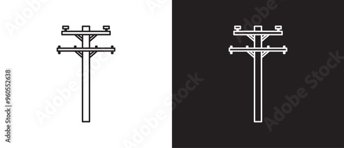 Simple high voltage power line Pole icon, High electricity tower line vector icon. High voltage pole. Pole network. Collection of electric pole icons of various shapes in line form on back and white.