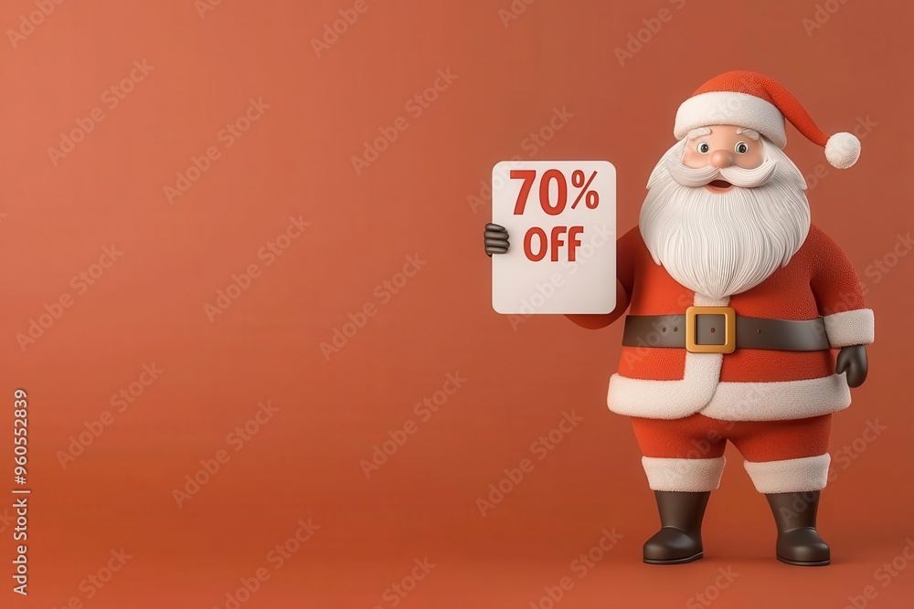Cheerful Santa Claus promoting a 70% off sale, perfect for festive marketing and holiday promotions. Cheerful Santa Claus promoting a 70% off sale, perfect for festive marketing and holiday promotions.