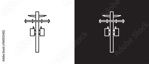 Simple high voltage power line Pole icon, High electricity tower line vector icon. High voltage pole. Pole network. Collection of electric pole icons of various shapes in line form on back and white.