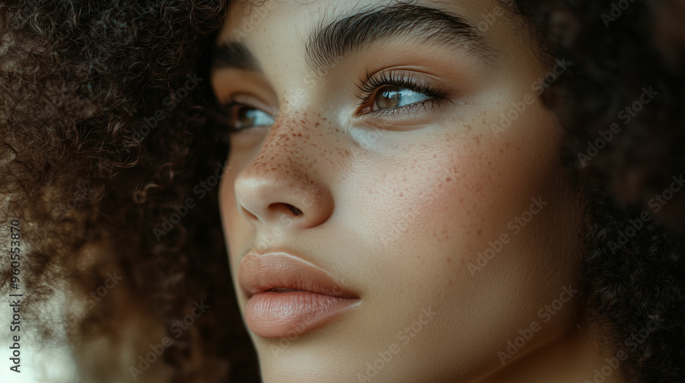 Close-Up Portrait of a Woman With Natural Curly Hair and Freckles in Soft Natural Light Close-Up Portrait of a Woman With Natural Curly Hair and Freckles in Soft Natural Light