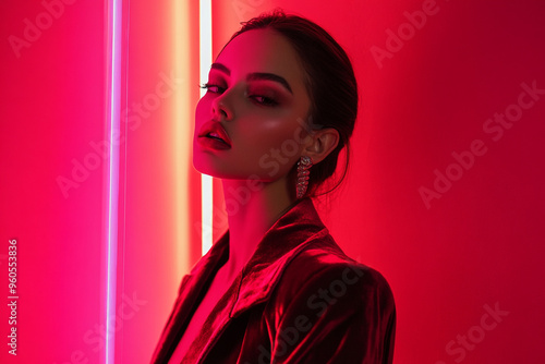 High Energy Womans Burgundy Velvet Jacket with Solid Neon Coral Trendsetting Fashion Lifestyle Portrait Background