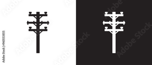 Flat icon of high voltage power pole, Vector icon of  High voltage pole tower. Pole network. Electric pole icons of various shapes in flat form on Black and white background.
