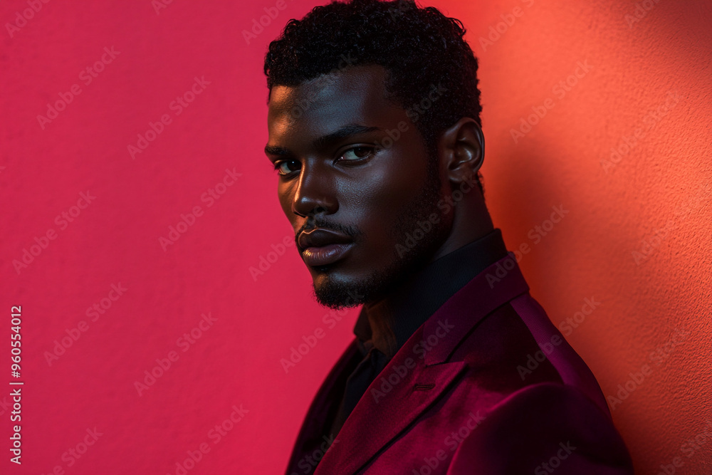Chic Man in Burgundy Blazer with Solid Neon Coral Highlights, Featured in a Modern Lifestyle Portrait Chic Man in Burgundy Blazer with Solid Neon Coral Highlights, Featured in a Modern Lifestyle Portrait