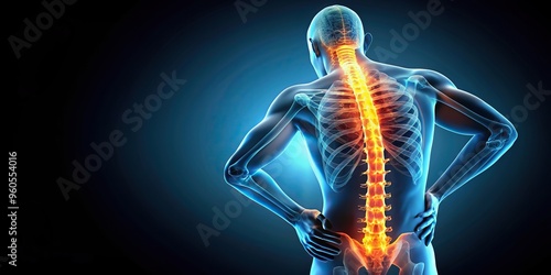 Visualization of severe back and spine pain, chronic pain, spondylitis, healthcare, medical concept, backache, injury, nerve compression, sciatica, nerves, human vertebrae, scoliosis