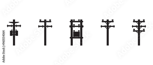 Collection of flat vector icons of tall electric towers. High voltage pole. Pole network. Collection of electric pole icons of various shapes in flat form on transparent background. Eps10