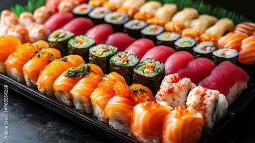 vibrant sushi platter with artistic presentation fresh ingredients variety of rolls sleek black plate chopsticks