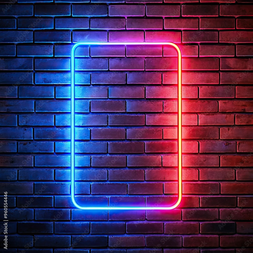 A blue and red neon light frame on a brick wall