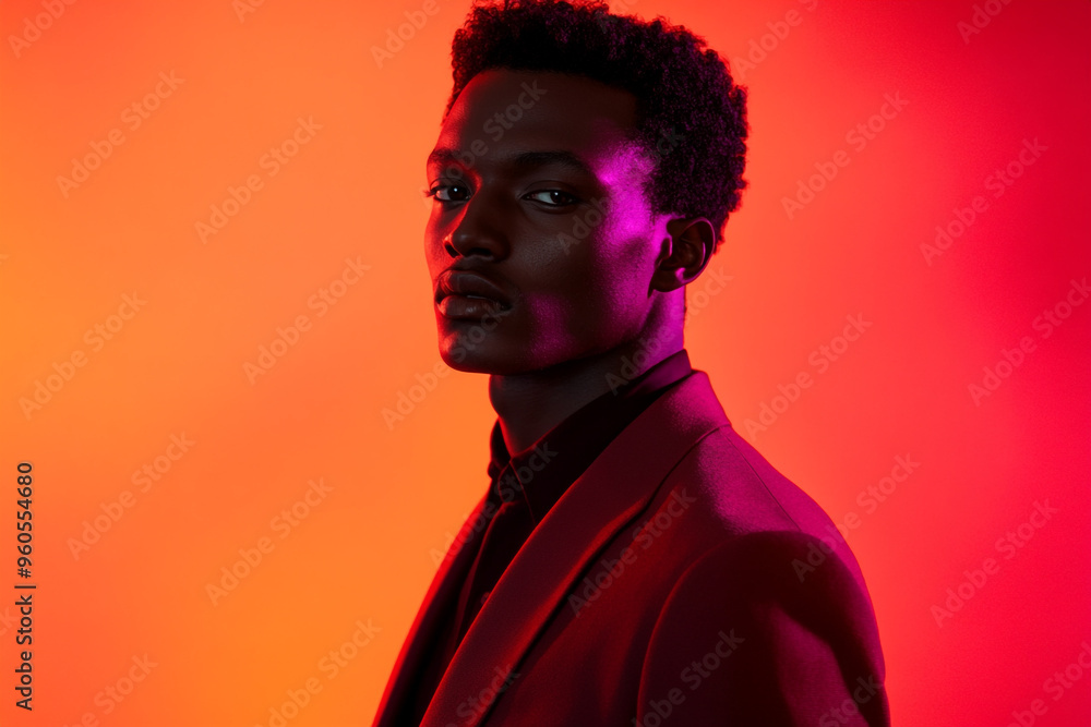 Mens Burgundy Blazer with Solid Neon Coral, Lifestyle Portrait, Fashion Background, Bold and Contemporary Style Mens Burgundy Blazer with Solid Neon Coral, Lifestyle Portrait, Fashion Background, Bold and Contemporary Style