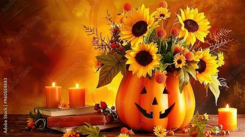 Obraz premium a pumpkin-shaped flower arrangement with sunflowers, leaves 