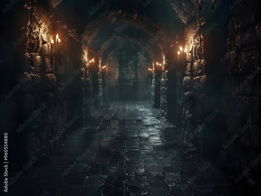 Haunting Shadows in a Flickering Medieval Dungeon with Damp Stone Walls and Ominous Atmosphere Haunting Shadows in a Flickering Medieval Dungeon with Damp Stone Walls and Ominous Atmosphere