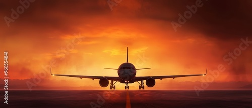 Front view of an airplane on runway at sunset, deep orange sky, silhouette of wings and engines, dramatic lighting, powerful aviation theme, moody scene photo