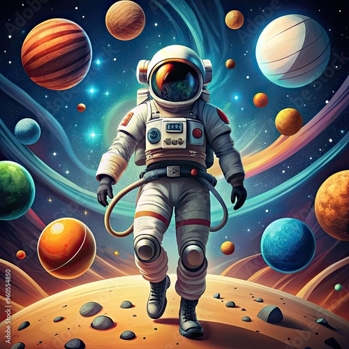 An astronaut walks on a rocky planet with many other planets and stars in the background photo