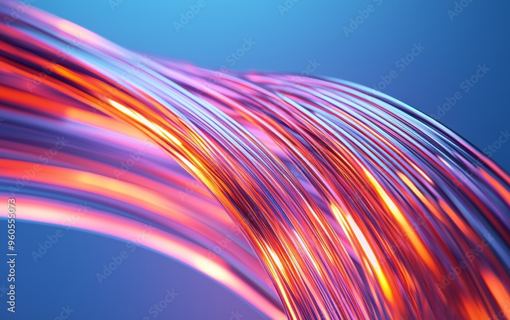Illuminated fiber optic strands, glowing tips in vibrant orange and pink, abstract tech art, blue background, high-tech communications concept, sleek modern design Illuminated fiber optic strands, glowing tips in vibrant orange and pink, abstract tech art, blue background, high-tech communications concept, sleek modern design