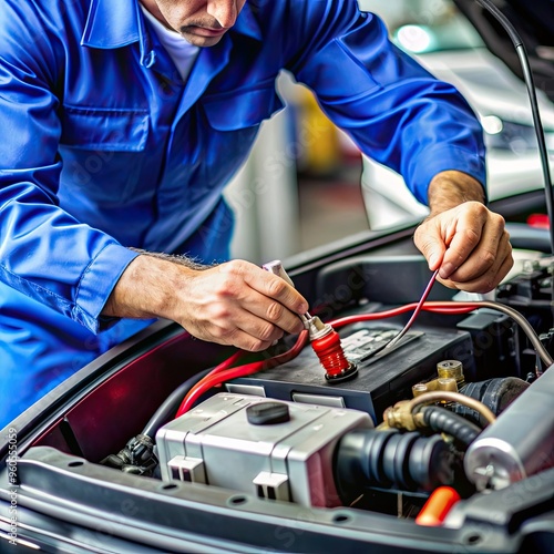 A mechanic, wearing a blue jumpsuit, works on a car battery, attaching a red jumper cable