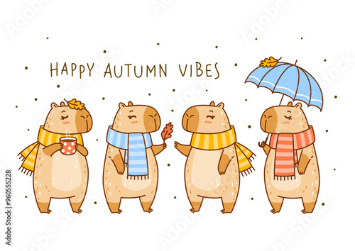 Cute сartoon capybaras horizontal border - funny animals for Your cozy autumn design