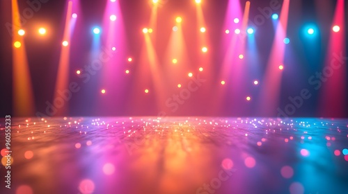 Vibrant multicolored disco lights reflecting off a shiny reflective surface creating a festive and lively nightlife setting  Colorful beams of illumination fill the scene