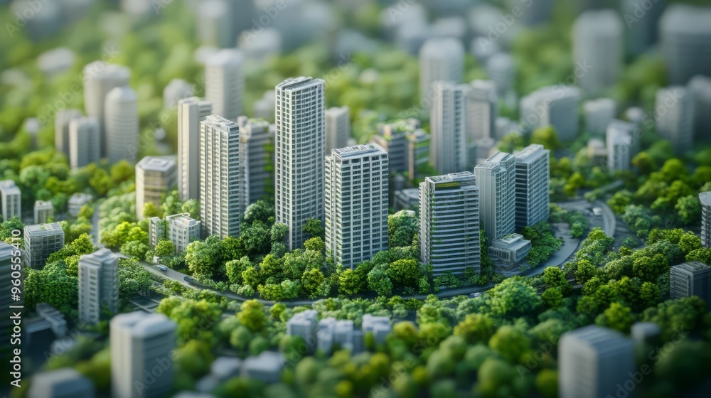 Obraz premium Aerial view of modern cityscape with high-rise buildings surrounded by lush green trees, creating an urban oasis.