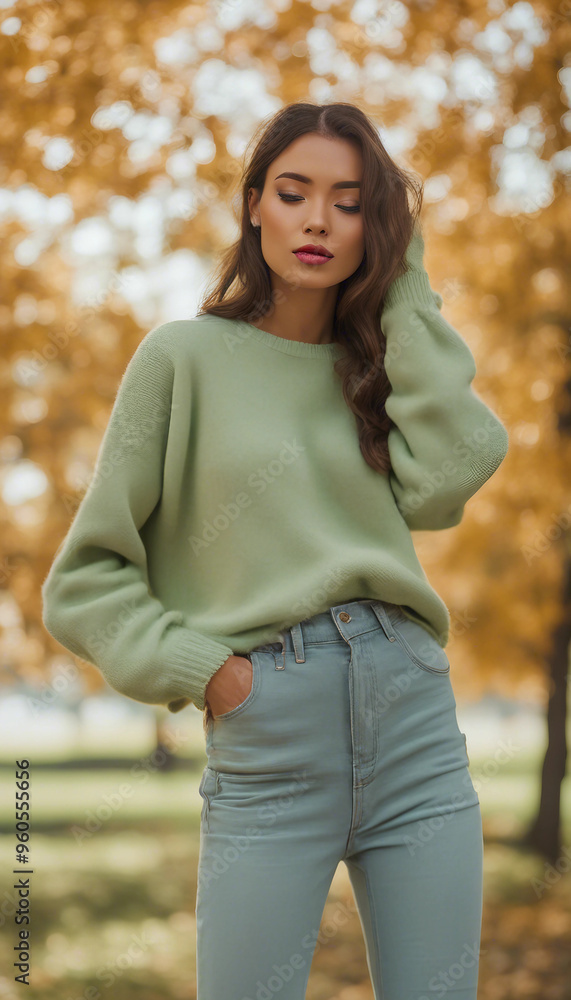 Obraz premium woman standing outdoors with a blurred background of autumn trees. The person is wearing a pastel green sweater and light blue jeans.