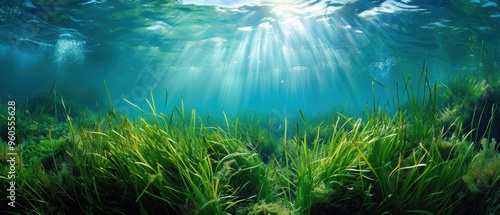Tranquil Underwater Scene with Lush Seagrass Meadow in Clear Blue Ocean Waters