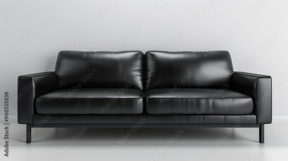 Black leather sofa in front view on white backdrop. Black leather sofa in front view on white backdrop.