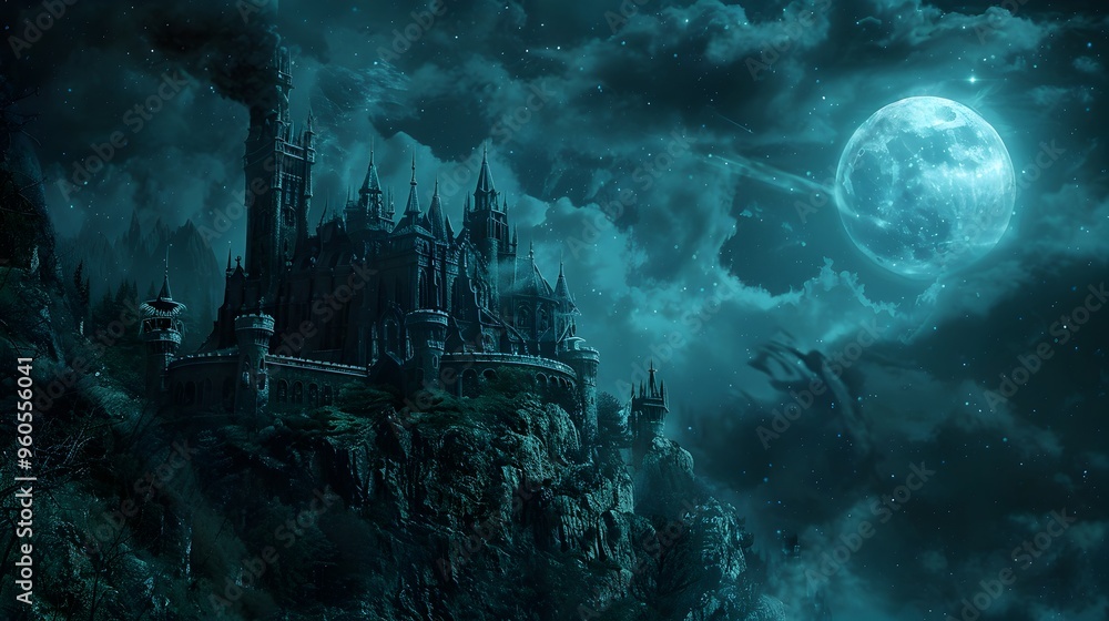 Ominous Gothic Castle Perched on Cliff Under Full Moon Glowing Windows in Darkness